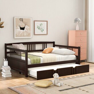 EDWINRAY Full Size Solid Wood Frame Daybed Wood Bed with Twin Size Trundle and Three Sides Rails,Easy Assemble