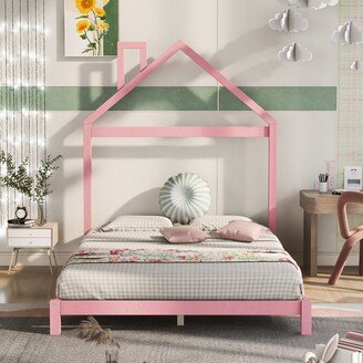 EDWINRAY Full Size Wood Platform Bed with House-Shaped Headboard & Chimney, Pink