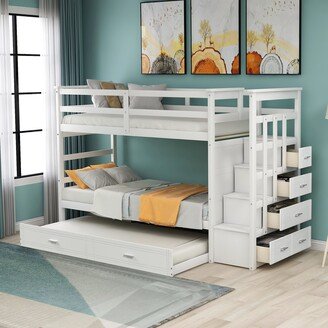 Calnod Solid Wood Bunk Bed, Hardwood Twin Over Twin Bunk Bed with Trundle and Staircase, Natural White Finish