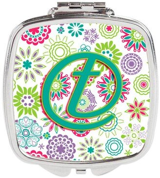 CJ2011-TSCM Letter T Flowers Pink Teal Green Initial Compact Mirror