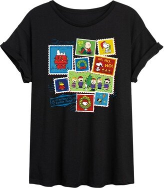 Hybrid Apparel - Peanuts - Christmas - Merry Christmas Stamps - Juniors Ideal Flowy Muscle T-Shirt - Size Large Black-AA