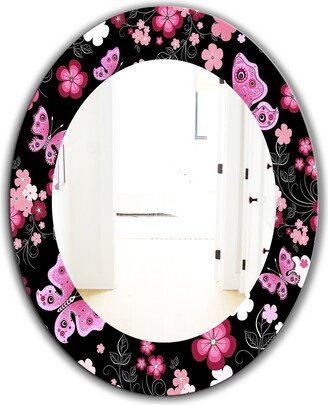 Porch & Den Dapplegrey Obsidian Black and Pink Floral and Butterfly Printed Wall Mirror