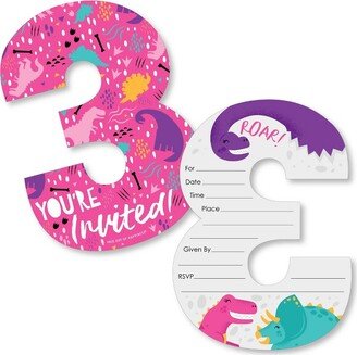 Big Dot of Happiness 3rd Birthday Roar Dinosaur Girl - Shaped Fill-In Three Rex Dino Third Birthday Party Invitation Cards with Envelopes - 12 Ct