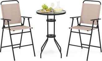 3PCS Patio Bistro Set Folding Chairs Round Bar Table with 1.6'' Umbrella Hole Yard