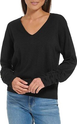 Ruched Sleeve V-Neck (Black) Women's Clothing