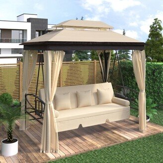 IGEMAN Outdoor Swing Bench, Double Roof Soft Canopy Garden Backyard Gazebo for Lawn, Garden, Backyard