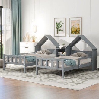 Aoolive Double Twin Size Platform Bed, Sharing Daybed Frame with House-shaped Headboard and a Built-in Nightstand for Kids Teens