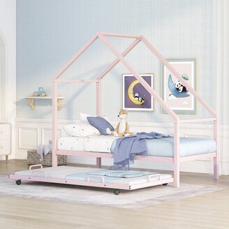 GEROJO Pink Metal House Bed with Trundle, Twin Size, Maximized Space, Open & Spacious, Solid & Sturdy, with Trundle