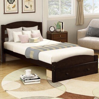 EDWINRAY Twin Solid Wood Construction Platform Bed Frame with Storage Drawer and Wood Slat Support.