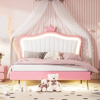 Joliwing Queen Size Princess Bed,Upholstered LED Bed Frame With Crown Headboard,Pink