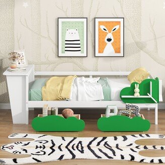 GREATPLANINC Twin Size Daybed with Desk and Green Leaf Shaped Storage Drawers and Shelves, Multifunctional Bed Frame for Bedroom, White