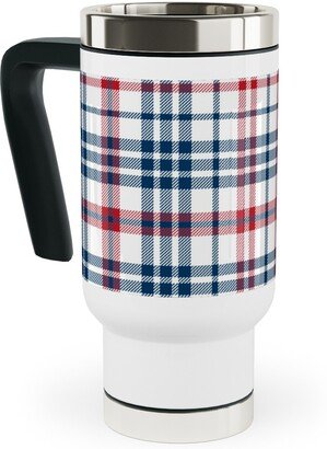 Travel Mugs: American Plaid - Blue And Red Travel Mug With Handle, 17Oz, Multicolor