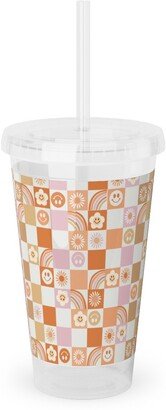 Travel Mugs: Retro Checkerboard - Daisy, Smile, Happy - Pink Orange Acrylic Tumbler With Straw, 16Oz, Orange