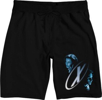 The X-Files X Logo With Agents Mulder & Scully Men's Black Sleep Pajama Shorts-Large