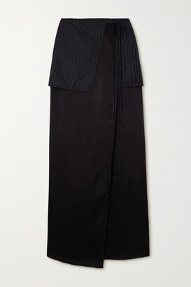 Layered Pinstriped Wool And Satin Maxi Wrap Skirt - Gray