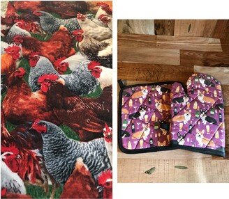 Chicken Themed Insulated/Quilted Pot Holder & Oven Mitt Set/Individual, Made To Order