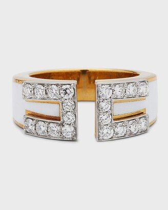 Brilliant-Cut Diamond and White Enamel Ring in Platinum and Gold, Size 6.5