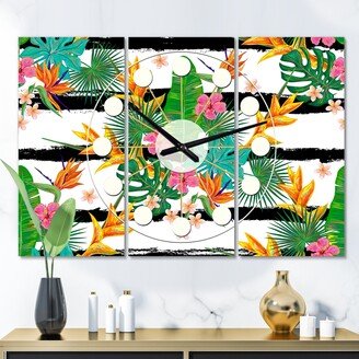 Designart 'Retro Tropical Leaves II' Oversized Mid-Century wall clock - 3 Panels - 36 in. wide x 28 in. high - 3 Panels
