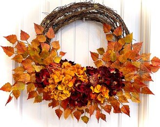 Ready To Ship - Colorful Autumn Hydrangea Wreath For Front Door, Pumpkin Wreath, Thanksgiving Decoration, Vibrant Fall