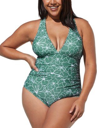 Plus Size Vines of Lines Shirred Tie Back One Piece Swimsuit