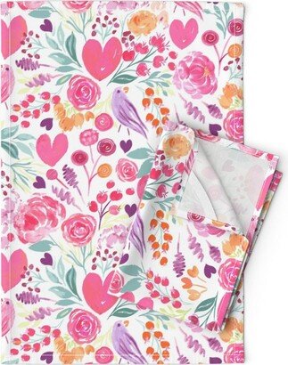 Valentine Floral Tea Towels | Set Of 2 - Flowers & Candy By Jill O Connor Pink Birds Florals Love Linen Cotton Spoonflower