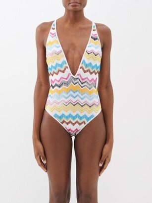 Chevron-knitted Plunge-neck Swimsuit