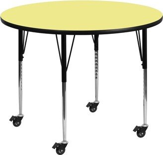 Mobile 48'' Round Yellow Thermal Laminate Activity Table - Standard Height Adjustable Legs