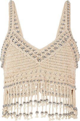 Rabanne Beaded Fringe Cotton Crochet Crop Top