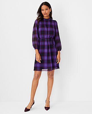 Plaid Pintucked Belted Dress