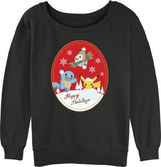 Women's Pokemon Holiday Badge Junior's Raglan Pullover with Coverstitch