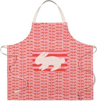 Kate Austin Designs Limited Edition Organic Cotton Adjustable Neck Strap Apron With Front Pocket And Waist Tie Closures In Spring Pink And Orange Bunny Block Print