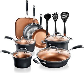 14-Piece Nonstick Kitchen Cookware Set - PFOA/PFOS-Free Heat Resistant Lacquer Kitchen Ware Pots Pan Set Copper/Hard-Anodized