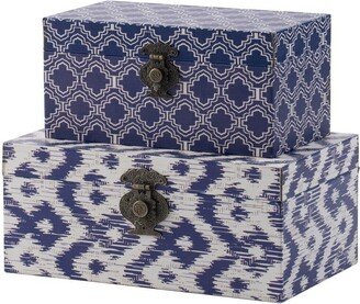 Wood Boxes, Classic Blue and White Quatrefoil Design, Set of 2