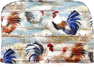4 Slice Slot - Roosters Chickens Farm Eggs Barnyard Country Blue Reversible Toaster Kitchen Appliance Dust Cover Cozy Made in America Usa