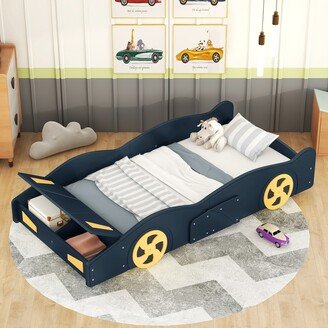 Sunmory Twin Size Race Car-Shaped Platform Bed with Wheels and Storage