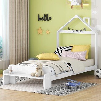 Aoolive Twin Size Wooden Platform Bed with House-shaped Headboard and Footboard Bench, Kid's Bed Frame with Bench Shelf