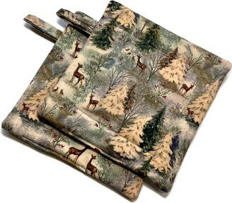 Quilted Pot Holders, Pine Trees & Deer, Set Of 2