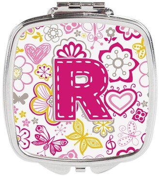 CJ2005-RSCM Letter R Flowers & Butterflies Pink Compact Mirror