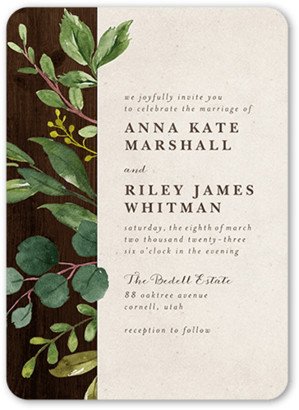 Wedding Invitations: Woodgrain Floral Wedding Invitation, Brown, 5X7, Matte, Signature Smooth Cardstock, Rounded