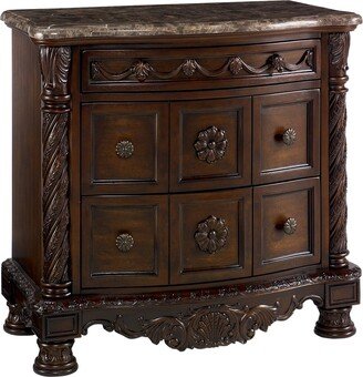 Nightstand with 3 Drawer and Ornate Carved Applique, Brown