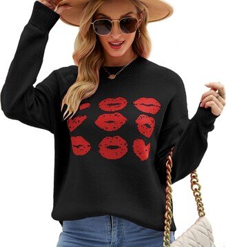 Mo Joc Women's Retro Print Knitted Sweaters with Round Neck-Basic Style Black