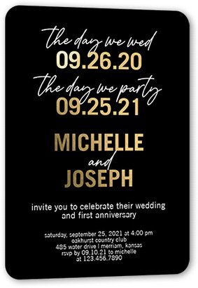 Wedding Anniversary Invitations: Bold Dates Wedding Anniversary Invitation, Gold Foil, Black, 5X7, Matte, Personalized Foil Cardstock, Rounded