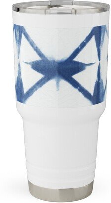 Travel Mugs: Shibori Diamond - Blue On White Travel Tumbler, 30Oz, Blue