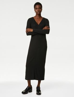 Ribbed V-Neck Midi Column Dress