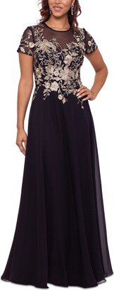 Petite Mesh Embroidered Gown - Black/Gold