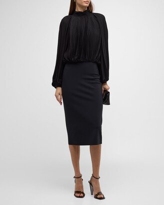 Pleated Mock-Neck Blouson-Sleeve Midi Dress