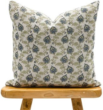 Designer Blue Green Floral Design On Natural Linen Pillow Cover, Green & Cover, Boho Pillow, Farmhouse Pillow