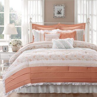 Gracie Mills Dawn 9-Piece Cotton Percale Comforter Set, Coral - Queen