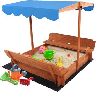 Wooden Sandbox with Convertible Cover Kids Outdoor Backyard Bench Play Sand Box - 47”x 47”x 47”