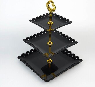 Black 3 Tier Plastic Cupcake Stand, Dessert Holder Display Square Tower With Heart Design Scalloped Edges - 13 Tall